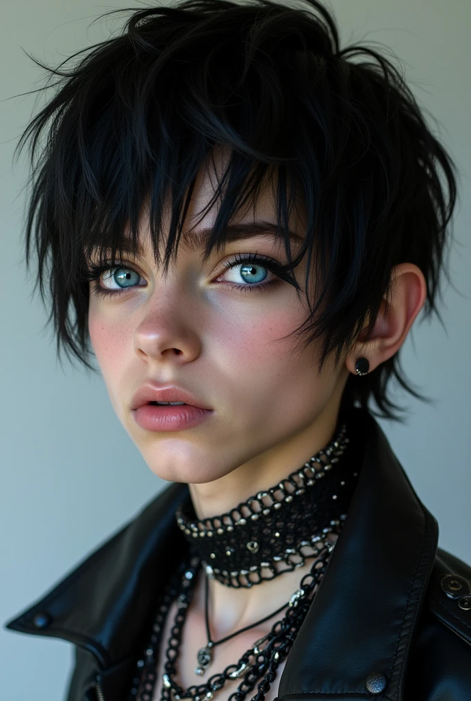 Boy with short black hair, but with style, blue colored eyes, similar to Andy Black from the band Black veil Brides, 3, ((Hyper-Realism)).