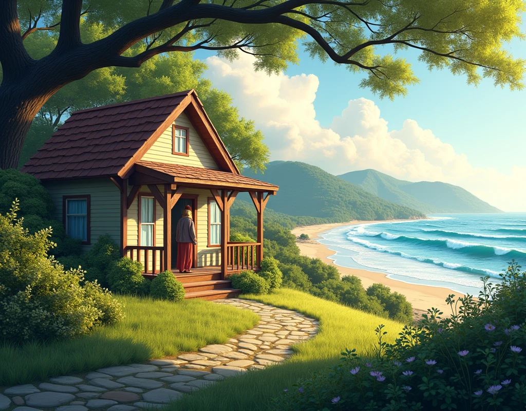 Concept: Escape to a summer cottage by the seaside, embracing the beauty of nature and the tranquility of home