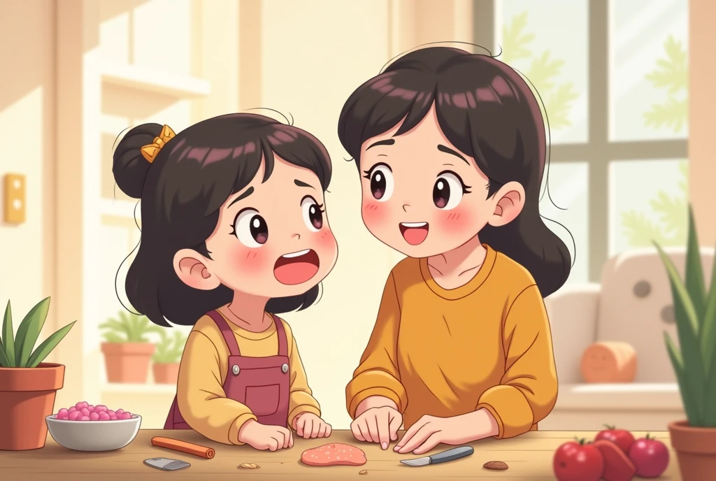 A cartoon image of a mother and daughter working hard and persevering, cartoon, cute cartoon, cute cartoon style, motherly love, cute illustration, clean anime art