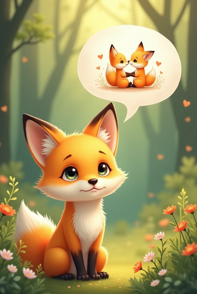 Realistic and cute,A yellow female fox who longs for love,Stand up,Speech bubble above head,A picture of fox love appears in the bubbles,Cute realistic style,Surrounded by love,Background forest garden