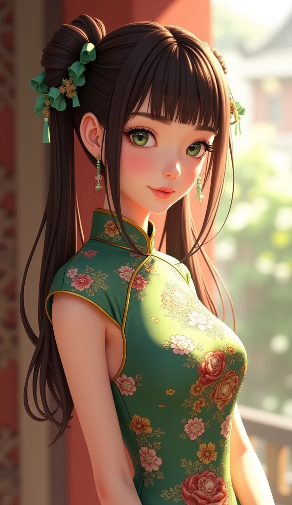 girl,full bodyesbian,(Detailed face:1.2), tmasterpiece, Fashionab,on cheongsam,, Medium hair, brunette color hair, dual horsetail, bluntbangs, greene eyes,