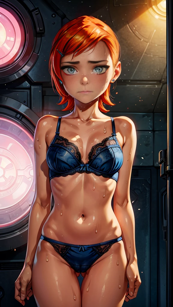 (masterpiece) High quality 8K HD high resolution character, Gwen Tennyson age 14 , She is wearing transparent blue lace lingerie that shows her bra and panties., medium breasts, covered in sweat, very hot , stage in a room, perfect face perfect eyes perfect detail perfectly covered in sweat a lot