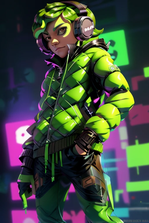 create a splatoon character, SFW, octarian, octopus, male, green ink, 1 tentacle hairstyle, bulge in pants, and brown eyes, male octarian octopus green with headphones green