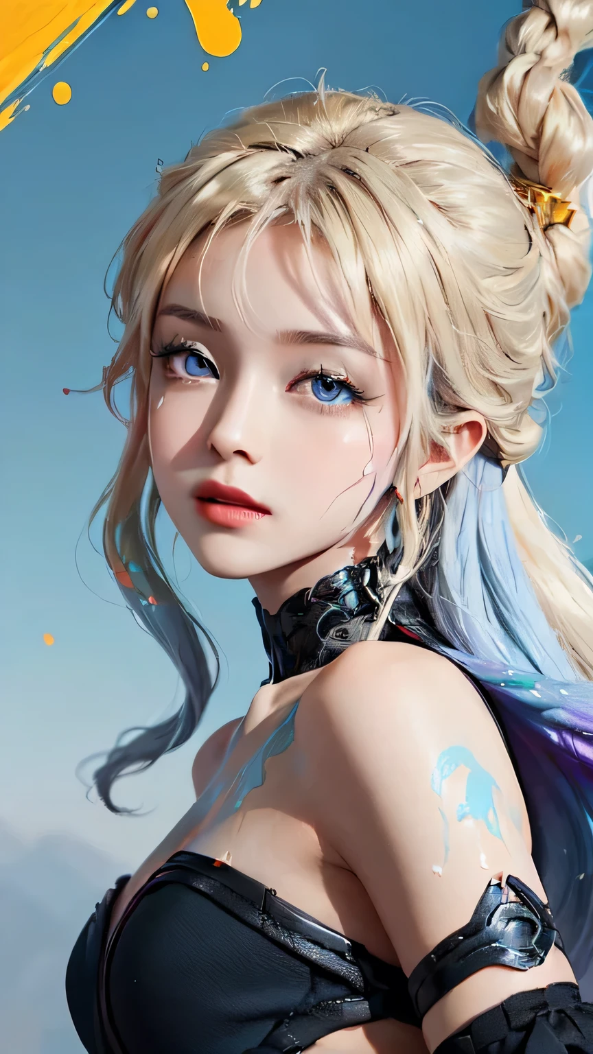 （Colorful Fashion T-Shirts：1.9），（blond：1.8），（Rainbow all colors：1.8），（（（（（Vertical painting：1.6））），（：1.6），front，comics，illustration，，big eyes，crystal clear，（blue hair，extra long hair：1.7），Exquisite makeup，Shut up，（Little fresh：1.5），（Tube Top：1.6），long eyelashes，Colorful off-shoulder T-shirt，looking at the audience，Big watery eyes，（blond hair：1.6），Color Splash，（solo：1.8），Color Splash，Color explosion，Heavy Paintworkwind，Messy lines，（（Shiny）） ，（Colorful），（Colorful），（Colorful），Colorful，Heavy Paintworkwind，（splash）（Color Splash），vertical，Upper body，Paintworksplash，acrylic paint，Gradient，Paintwork，Highest image quality，highest quality，masterpiece，solo，depth of field，face painting，colorful clothes，（grace：1.2），gorgeous，long hair，wind，（grace：1.3），（petal：1.4），（（（masterpiece））），（（（））），（（Super detailed）），（illustration），（dynamic angle） ,((float)),(Paintwork),((disheveled hair)),(solo),(1girl),(((Detailed Anima face))),(((Beautiful detailed face)),neckwear,bare shoulders,blondes,((blondes)),((blondes)),Beautiful and delicate eyes,(Blue eyes),(((Blue eyes))),(((Colorful background))),(((high saturation) )),(((Surrounded by colorful splash))),(((Colorful background))),(((high saturation))),(((Surrounded by colorful splash))),(((Colorful background))),(((high saturation))),(((Surrounded by colorful splash))),