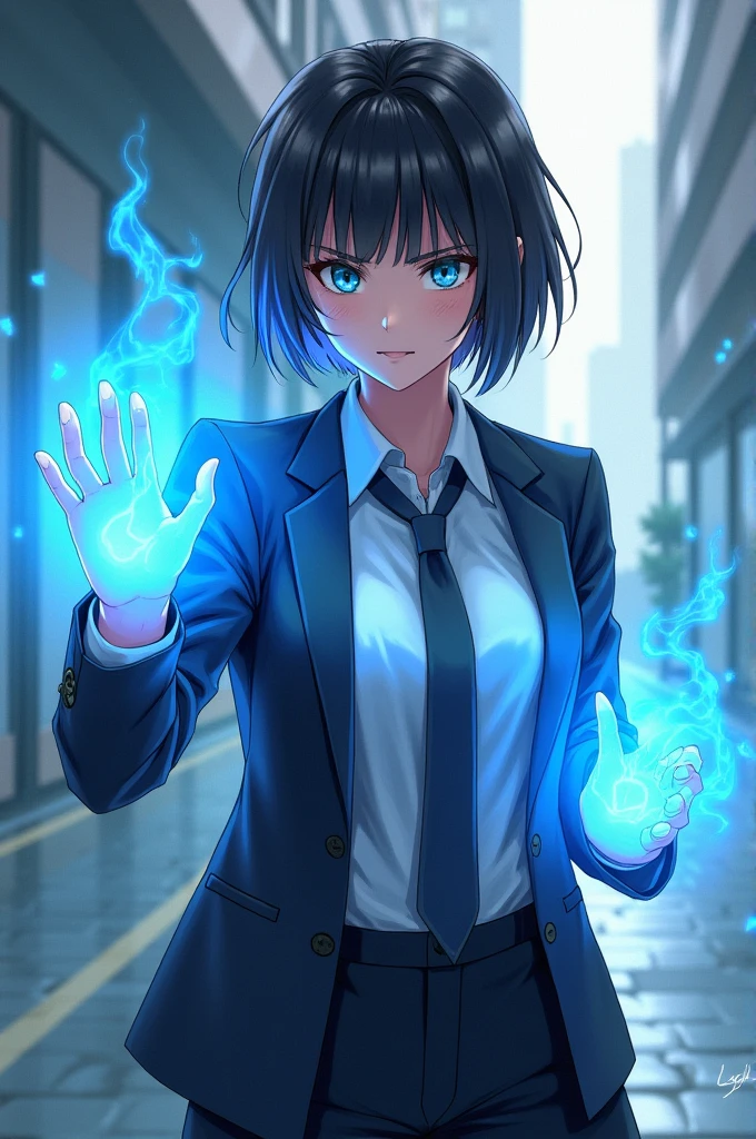 Generate a girl but she is tomboy and wear corporate uniform and short hair and she have a blue aura in her hands and can do martial arts