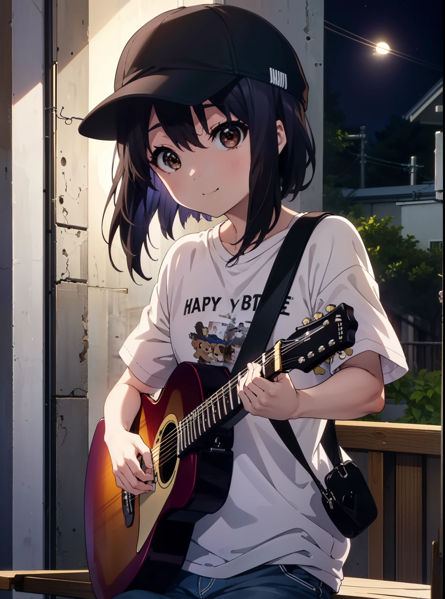 meet, Azusa Nakano, Black Hair, (Brown eyes:1.5),Long Hair,Baseball hats,Oversized T-shirt,Short sleeve,jeans,short boots,Instrument playing, Stage Performance, hot air,Happy atmosphere,スタンドマイクの前でguitarをを弾きながら熱唱,guitar(Red Mustang),On the forehead,Singing with your mouth open,smile,Street Performance,night,moonlight,whole bodyがイラストに入るように,
break outdoors, Building district,
break looking at viewer, whole body,
break (masterpiece:1.2), Highest quality, High resolution, unity 8k wallpaper, (figure:0.8), (Beautiful attention to detail:1.6), Highly detailed face, Perfect lighting, Highly detailed CG, (Perfect hands, Perfect Anatomy),
