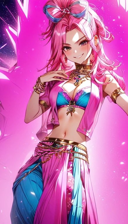 A smug narcissistic pink haired woman wearing a pink bra and blue pants and lots of jewelry flaunting herself 