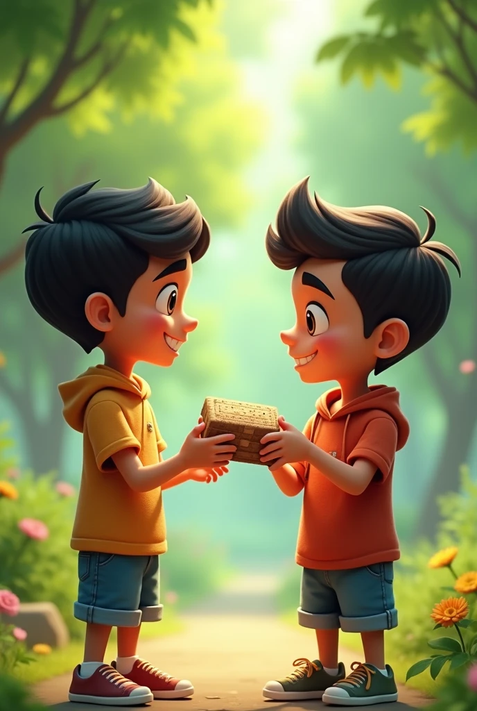 Chintu young man, returns the empty biscuit packet to Bunty.**
- "The clever boy (Chintu) hands back the empty biscuit packet to Bunty, who is looking inside, confused." In the park