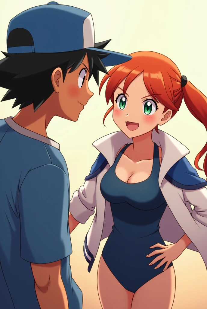 masterpiece, Best Quality, A high resolution, premium, animated style, ash/satoshi(high, strong,30 years, black hair, blue cap, Brown eyes, Pokémon Trainer) the best lighting, tender face, misty/kasumi, 1 woman, high, 30 years, blue swimsuit, white jacket with blue collar, orange hair, short hair tied in a side ponytail, shoulder length hair, green eyes, messy bangs,dynamic angle, Confident smile, Deep and vibrant colors, beautiful short dress, simple and neutral background