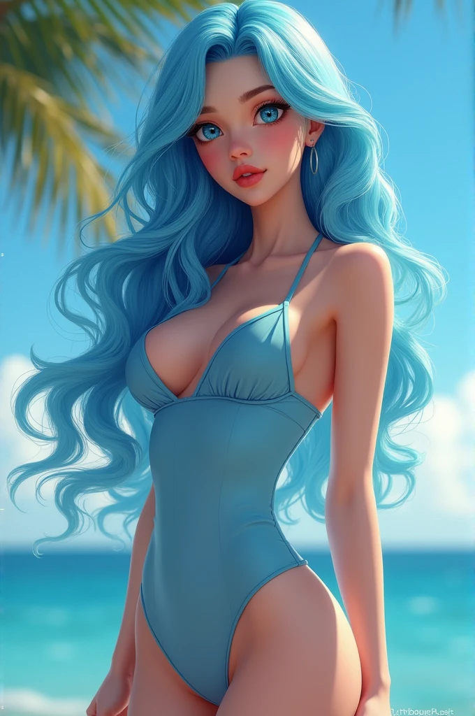 Beautiful girl having clear skin, large breasts, blue eyes,red leaps,in short dress, long sky blue coloured hair, big ass, look very cute smile, 4k