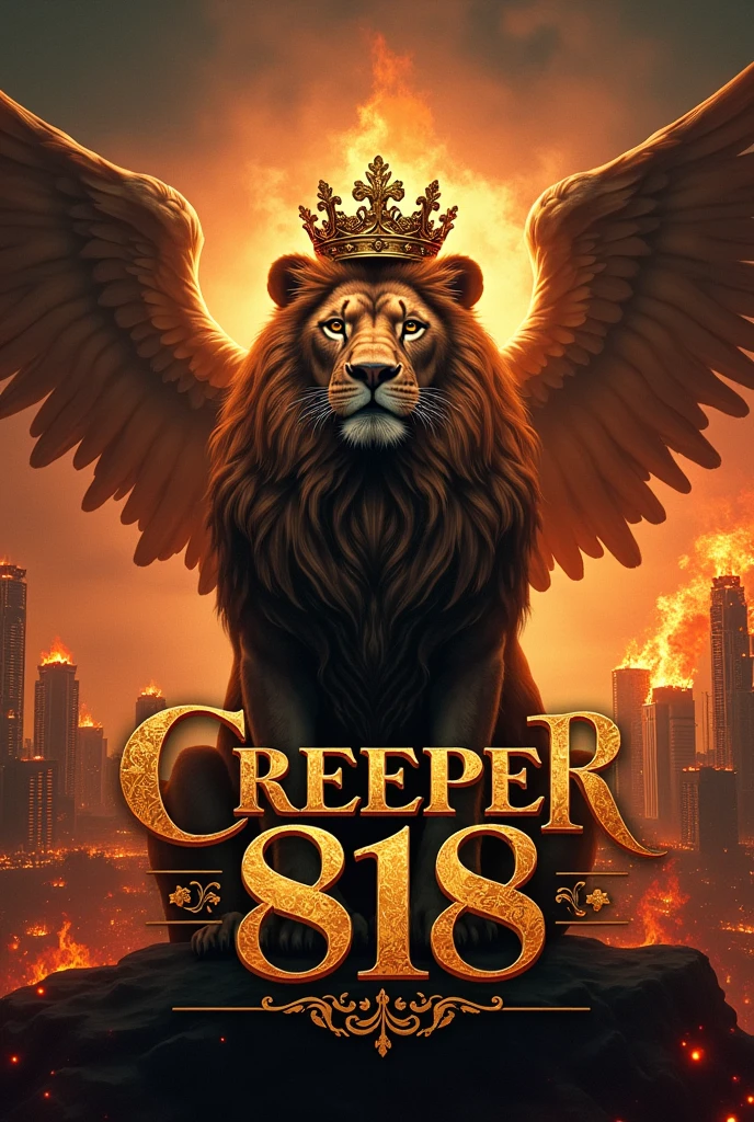 Luxury letters " CREEPER 818 ". "A LION WITH A CROWN ". Los Angeles City burning with" "ANGELS AND DEMONS" FIGHTING" in the background"