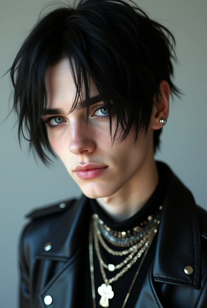 Boy with short black hair, but with style, blue colored eyes, similar to Andy Black from the band Black veil Brides, 3, ((Hyper-Realism)).