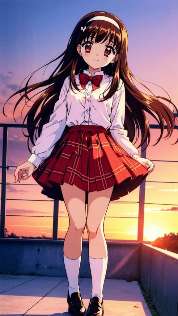 Yuki Mizuho, one person, a woman, (hair length above waist), ((hair band,white)) , Brown Hair, Red eyes, Red eyes, (shirt formal,white), ((a bow tie, Blue)) , Plaid skirt, (socks, white), shoes, retro artstyle, ((skirt masterpiece, red)), 1990s (style), expensive quality, very_expensive_solve, big_file size, Full Color, blush, Cute Smile Open your mouth, Are standing,(Winter Night、With the sunset and the fence behind、Receiving a confession on the school rooftop。I got closest to that smile:1.1), (Place your hands on your chest:1.3), Two Arms, (cinematic angle:1.1),
