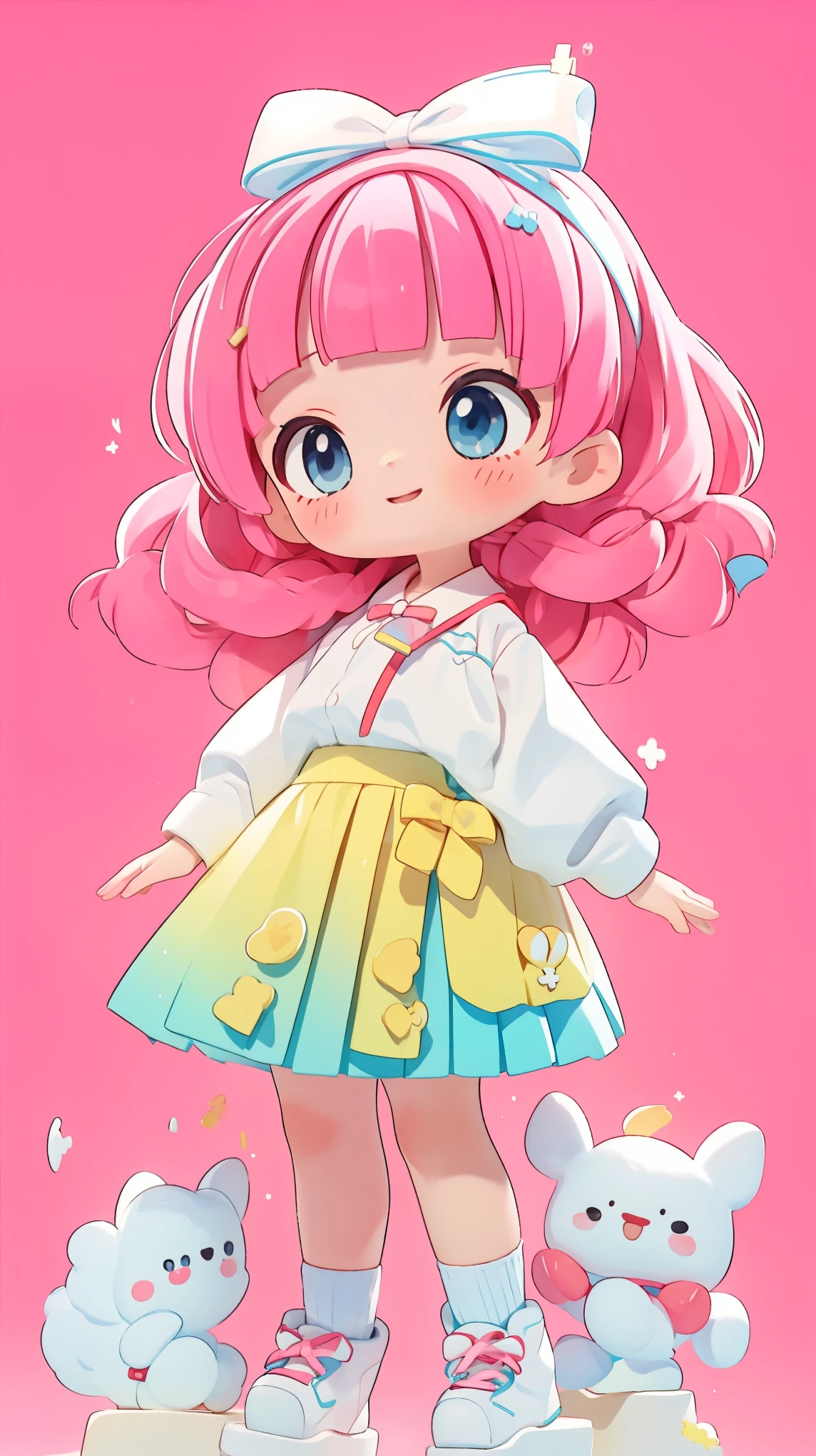 high resolution,smile,laugh,woman,woman1人,adult,Clear,cute,
((chibi)),
blunt bangs,wavy hair,Pink Hair,BREAK,
Light blue eyes,BREAK,
uniform,White shirt,BREAK,Pink checkered pleated skirt,BREAK,
White loose socks,White sneakers,BREAK,
Ribbon hairpin,BREAK,
Facing forward,BREAK,Pink background,