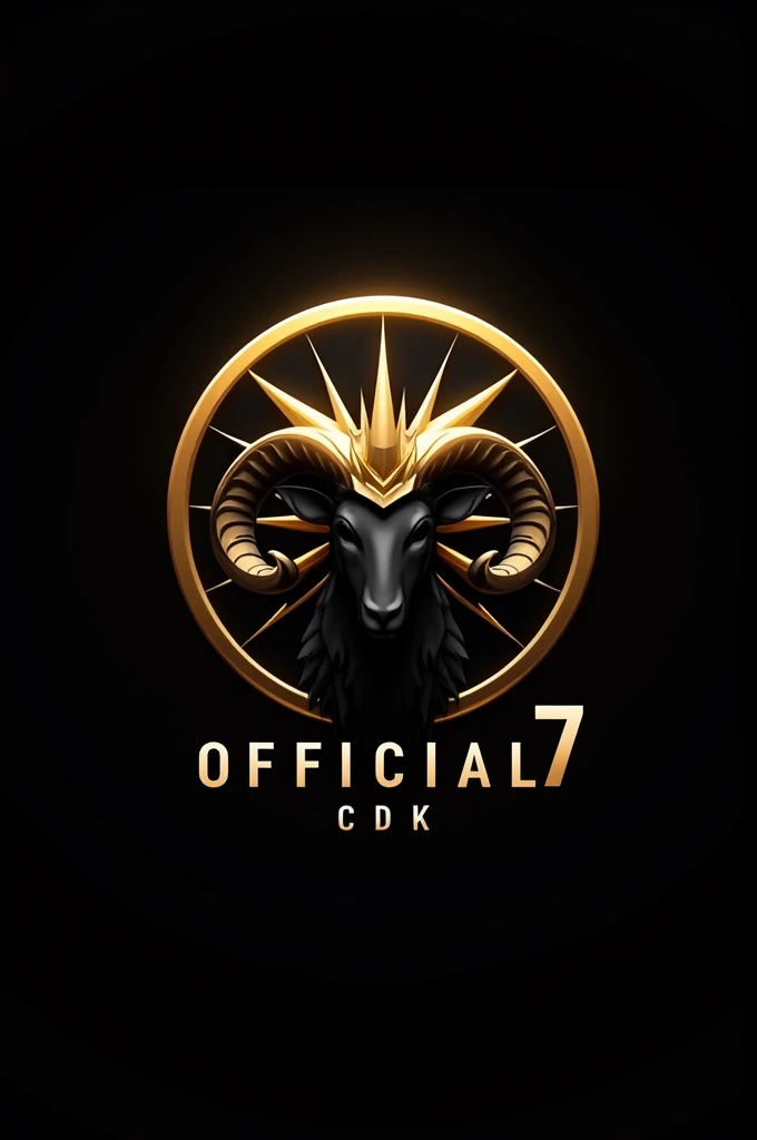 The image features a logo that includes the silhouette of a ram with prominent horns.. This ram is decorated with a golden crown on its head., which gives it a majestic appearance. The logo is framed within a golden circle, and you can see rays or flashes that add a dynamic effect. At the bottom is the word "OFFICIAL7 CDK" in big white letters, highlighting the name or brand associated with this design. The background is black, which highlights the gold and white elements of the logo.
