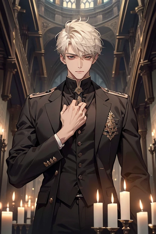 ((Best quality)), ((masterpiece)), (detailed), ((perfect face)), ((halfbody)) perfect proportions ,He is a handsome student, 1, short hair, topless in uniform, there is a background of a school gothic room with lit candles, gnostic vibe ((perfect face))
