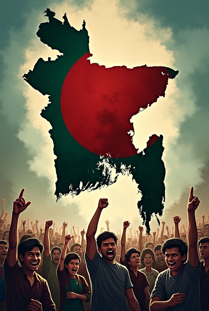 A banner full of bangladesh map, with flag of bangladesh in a side, many agitators in the bottom, a big red circle in middle,
