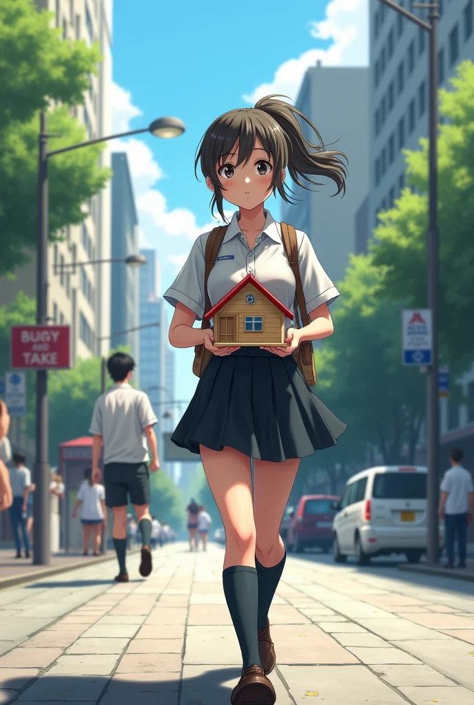 Draw a age girl in a high school uniform with her hair in a ponytail walking on the street to catch the bus with a toothpick house in her hands