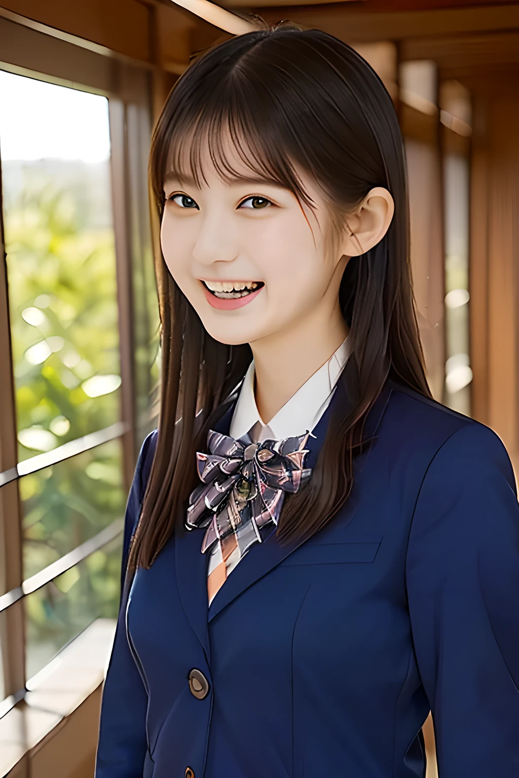 (highest quality, masterpiece, high resolution:1.2), 4K, (Photo quality well detailed white white white face: 1.2), geometry, (16 yo cute girly Japanese sensitive weak girl with very detailed graceful cute smiling face is turning to me and looking me: 1.5), Laughing cutely, (Japanese school girly navy-colored blazer uniform: 1.4), (blue dark blue blue expensive pleated checkered school skirt inside the blazer: 1.6), (big sharp breast: 1.3), (Dark red glossy school ribbon on the breast: 1.0), (Extremely laughing cheeks: 1.0), (Beautiful pretty large laughing cute cute cute childish childish laughing cutely laughing eyes with detailed and balanced well: 1.4), (Double eyelids: 1.0), (Long bottom eyelashes: 1.2), (Glossy very wet lips: 1.0), (Super-straight hair, extremely very long hair which reaches her waist: 1.3), (plain light orange-colored wall paper with cute white heart marks), (White-Orange-Colored background with many white lovely heart marks: 1.0)
