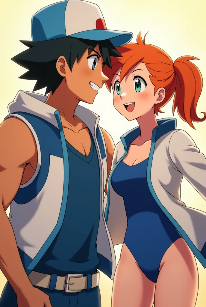 masterpiece, Best Quality, A high resolution, premium, animated style, ash/satoshi(high, strong,30 years, black hair, blue cap, Brown eyes, Pokémon Trainer) the best lighting, tender face, misty/kasumi, 1 woman, high, 30 years, blue swimsuit, white jacket with blue collar, orange hair, short hair tied in a side ponytail, shoulder length hair, green eyes, messy bangs,dynamic angle, Confident smile, Deep and vibrant colors, beautiful short dress, simple and neutral background