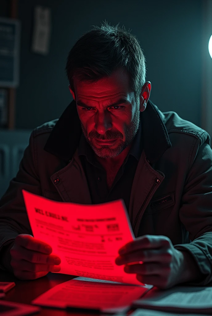 A male character finding something and it seems like he was detective and he also study the missing file dark and red colur