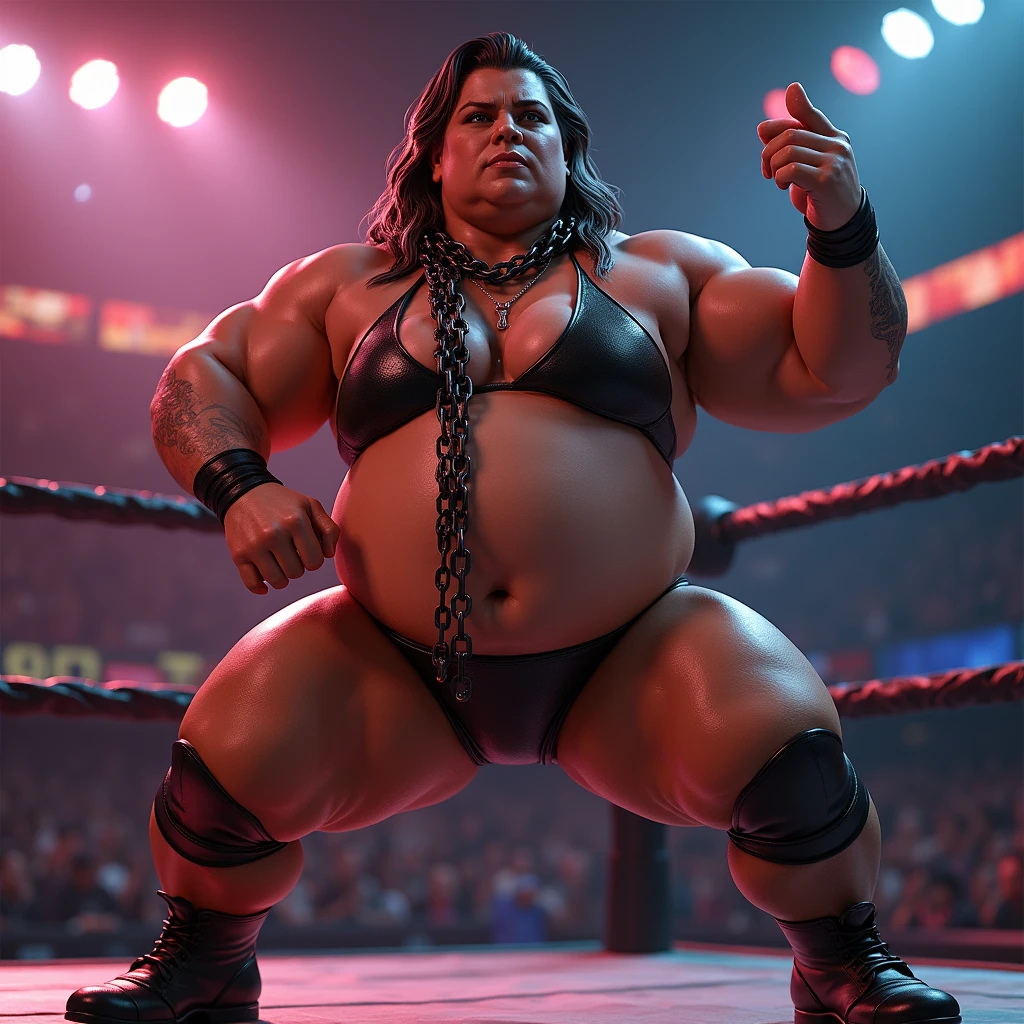 araffe woman in a bikini posing in a boxing ring, insanely inflated hips, very sweaty, sumo wrestler, in a boxing ring, sfw huge breasts, with a large breasts, thicc, covered sfw huge breasts, big belt, big breasts!!, the body of ronda rousey, muscular ultraviolent woman, with large breasts, big breasts!, beautiful thick female