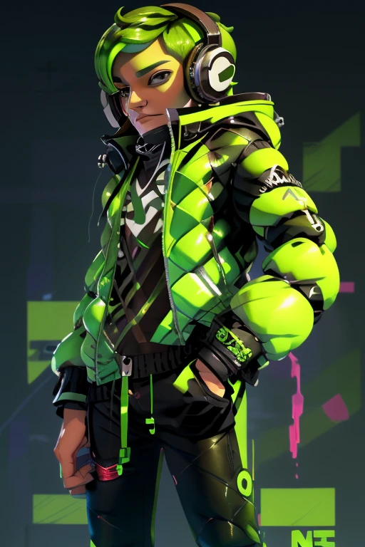 create a splatoon character, SFW, octarian, octopus, male, green ink, 1 tentacle hairstyle, bulge in pants, and brown eyes, male octarian octopus green with headphones green, 1 tentacle hairstyle green