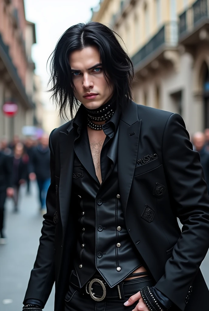 ((29 year old boy,  LONG BLACK HAIR,  blue colored eyes, similar to Andy Black from the band Black veil Brides)) ((PARADING IN MILAN)).