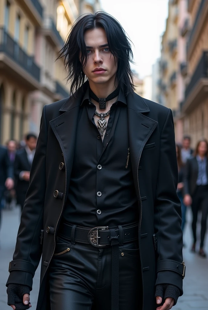 ((29 year old boy,  LONG BLACK HAIR,  blue colored eyes, similar to Andy Black from the band Black veil Brides)) ((PARADING IN MILAN)).