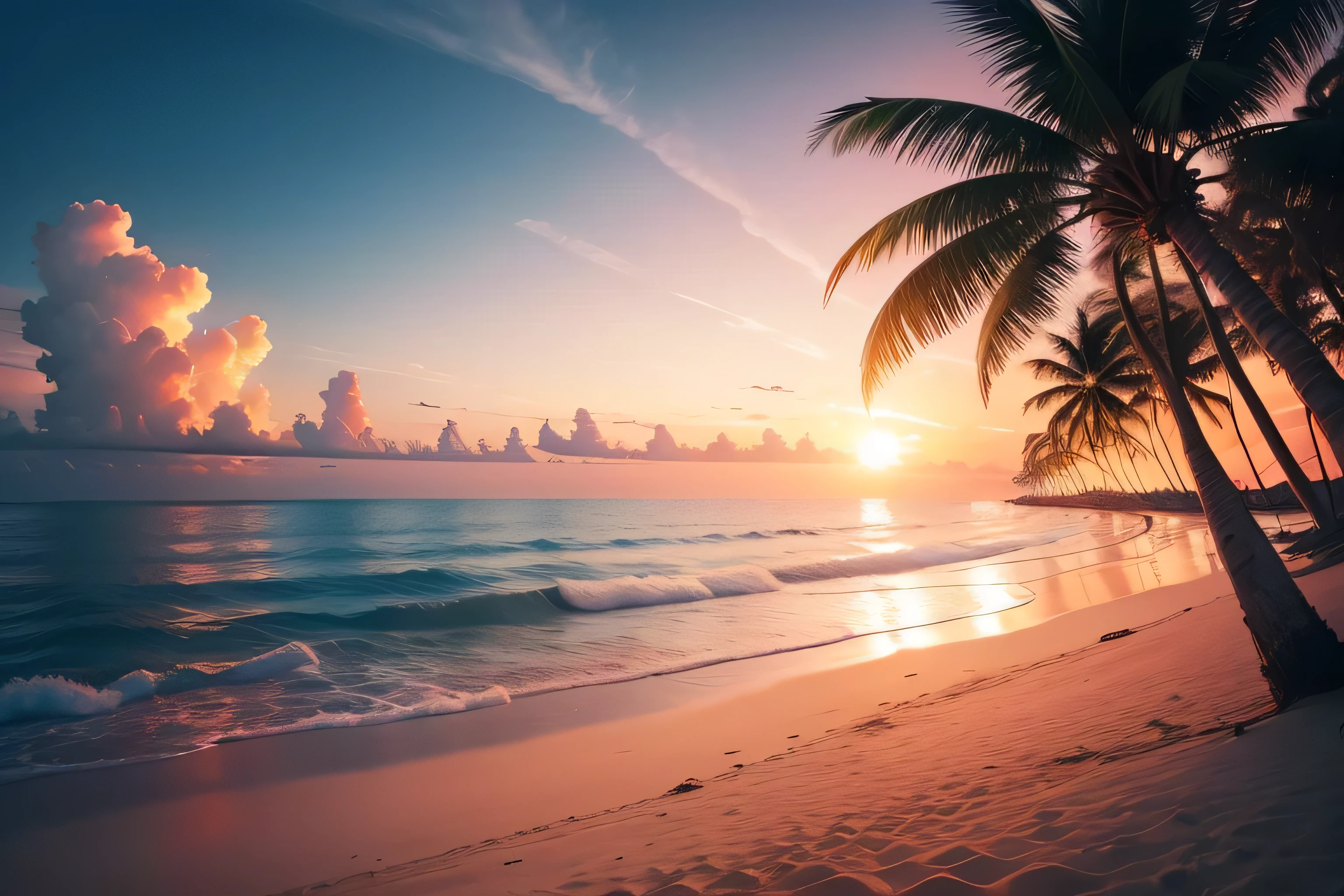 beach coconut trees white sand sunset people watch red light best quality
