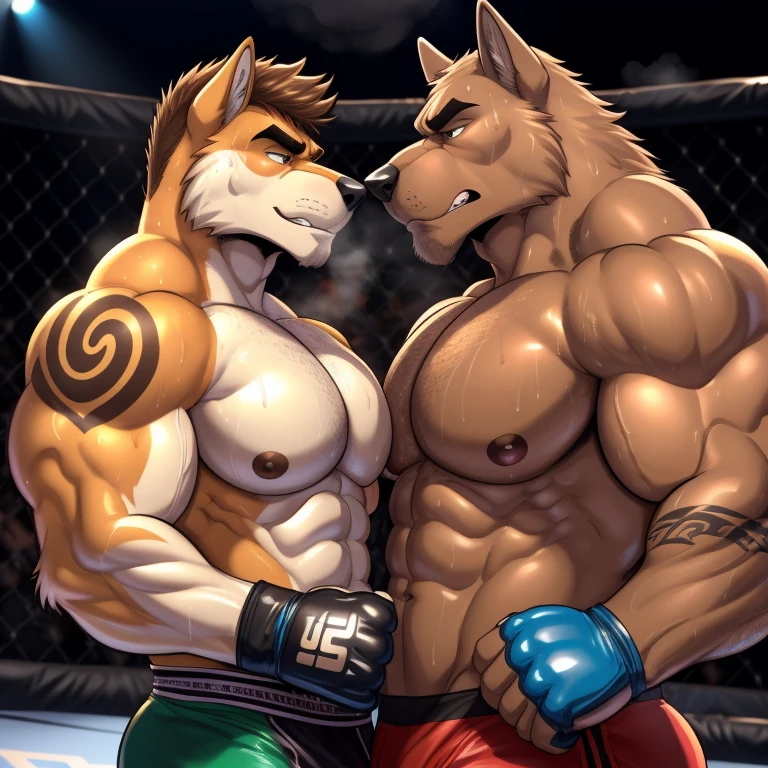 Duo male(Brown Dog vs Gray wolf), handsomes(handsome hairstyle, Thick eyebrows, detailed face), gay(cuddling, body with body, face to face, pulled against the ropes, on a ring), hot(Shirtless), handsomes(They are handsomes, correct anatomy), musculosos(Big muscle bodies, Six packs, muscle abs, big pecs), sweaty(very sweaty wet bodies, shiny sweat), tatuajes(they have tattoos), grumpy(Both have an grumpy expression, grumpy teeths, steaming breath), UFC gloves(They both are wearing UFC gloves), Hight resolution, by(Zourik:1.1)