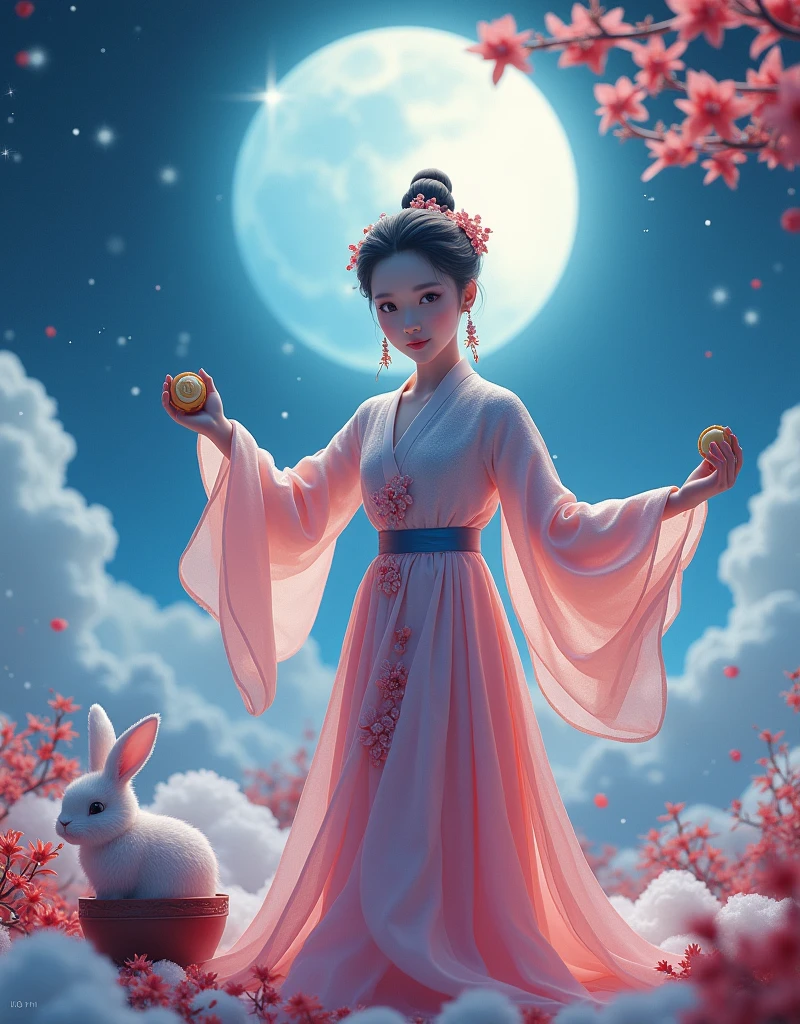 [Vision:1.0]，[Wide Angle:1.0]，Three-dimensional ancient style，Vibrant Chinese Aesthetics，Microphotography, Felt style, 1 girl wearing Hanfu, iridescent gradient fluorescent ribbons，Felt clothing looks soft and warm in the moonlight, She stood under the bright moon, Dancing lightly, Surrounded by the tranquil night sky and hazy clouds, There is a round moon cake next to the girl., Looks sweet and delicious, Next to it is a cute rabbit holding another mooncake., Sparkling stars, Colorful flowers, Seems to be enjoying the food of this festival, Vibrant and fun, Unreal Engine movie scenes, Surreal style, Poster design style, Exquisite，Light Wave，Tradition，Exquisite，Perfect composition，Ultra HD，Crescent earrings，Raise your eyebrows，Jade Phoenix Branch，Forehead Gem，(Look directly at the audience:15)，Surrealism，uhd，masterpiece，precise，Anatomically correct，Textured Skin，Super Detail，8k