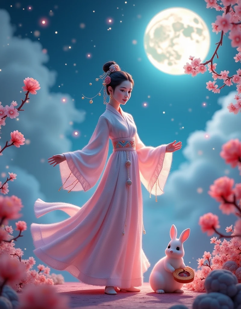 [Vision:1.0]，[Wide Angle:1.0]，Three-dimensional ancient style，Vibrant Chinese Aesthetics，Microphotography, Felt style, 1 girl wearing Hanfu, iridescent gradient fluorescent ribbons，Felt clothing looks soft and warm in the moonlight, She stood under the bright moon, Dancing lightly, Surrounded by the tranquil night sky and hazy clouds, There is a round moon cake next to the girl., Looks sweet and delicious, Next to it is a cute rabbit holding another mooncake., Sparkling stars, Colorful flowers, Seems to be enjoying the food of this festival, Vibrant and fun, Unreal Engine movie scenes, Surreal style, Poster design style, Exquisite，Light Wave，Tradition，Exquisite，Perfect composition，Ultra HD，Crescent earrings，Raise your eyebrows，Jade Phoenix Branch，Forehead Gem，(Look directly at the audience:15)，Surrealism，uhd，masterpiece，precise，Anatomically correct，Textured Skin，Super Detail，8k