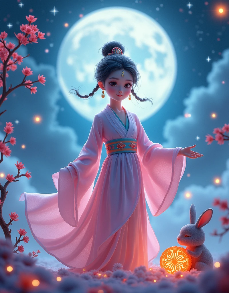 [Vision:1.0]，[Wide Angle:1.0]，Three-dimensional ancient style，Vibrant Chinese Aesthetics，Microphotography, Felt style, 1 girl wearing Hanfu, iridescent gradient fluorescent ribbons，Felt clothing looks soft and warm in the moonlight, She stood under the bright moon, Dancing lightly, Surrounded by the tranquil night sky and hazy clouds, There is a round moon cake next to the girl., Looks sweet and delicious, Next to it is a cute rabbit holding another mooncake., Sparkling stars, Colorful flowers, Seems to be enjoying the food of this festival, Vibrant and fun, Unreal Engine movie scenes, Surreal style, Poster design style, Exquisite，Light Wave，Tradition，Exquisite，Perfect composition，Ultra HD，Crescent earrings，Raise your eyebrows，Jade Phoenix Branch，Forehead Gem，(Look directly at the audience:15)，Surrealism，uhd，masterpiece，precise，Anatomically correct，Textured Skin，Super Detail，8k