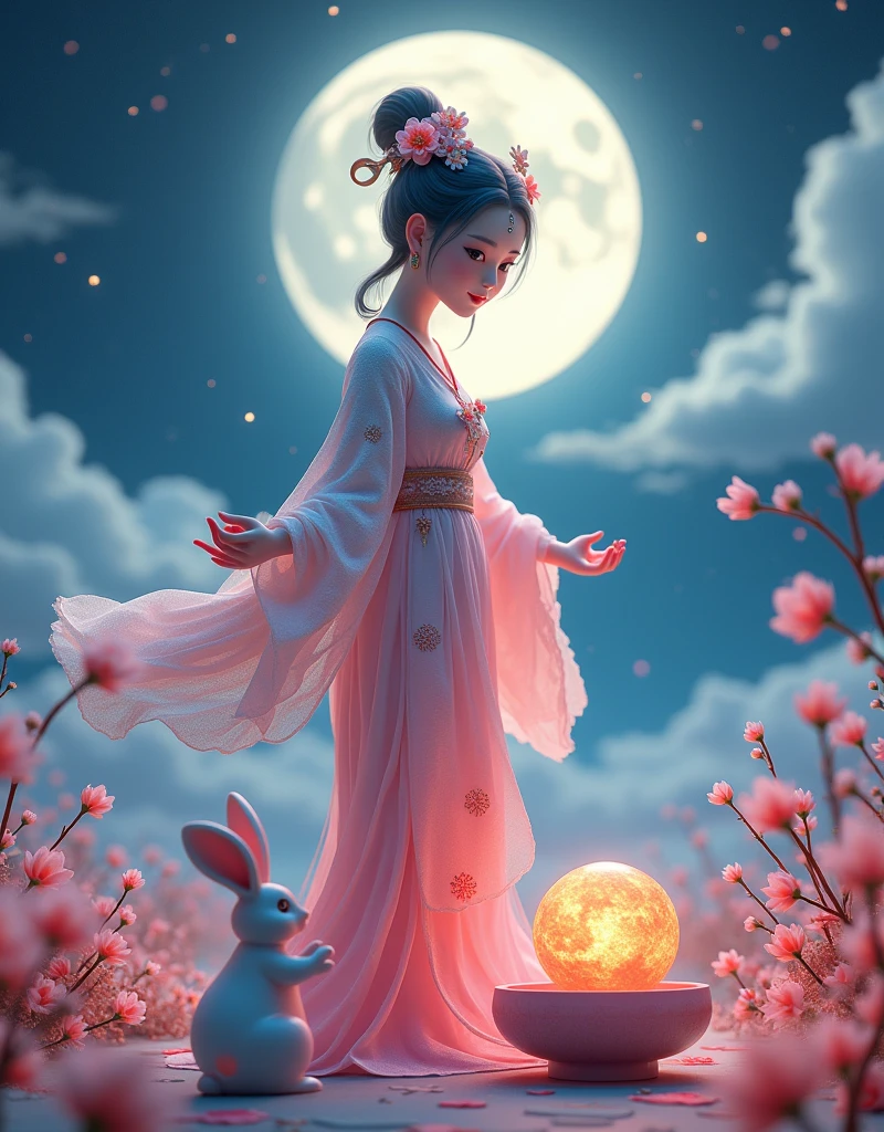 [Vision:1.0]，[Wide Angle:1.0]，Three-dimensional ancient style，Vibrant Chinese Aesthetics，Microphotography, Felt style, 1 girl wearing Hanfu, iridescent gradient fluorescent ribbons，Felt clothing looks soft and warm in the moonlight, She stood under the bright moon, Dancing lightly, Surrounded by the tranquil night sky and hazy clouds, There is a round moon cake next to the girl., Looks sweet and delicious, Next to it is a cute rabbit holding another mooncake., Sparkling stars, Colorful flowers, Seems to be enjoying the food of this festival, Vibrant and fun, Unreal Engine movie scenes, Surreal style, Poster design style, Exquisite，Light Wave，Tradition，Exquisite，Perfect composition，Ultra HD，Crescent earrings，Raise your eyebrows，Jade Phoenix Branch，Forehead Gem，(Look directly at the audience:15)，Surrealism，uhd，masterpiece，precise，Anatomically correct，Textured Skin，Super Detail，8k