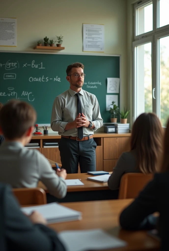 (photorealism:1.2), A english teacher, teaching their students, was standing near the black board. All students were sitting their benches.