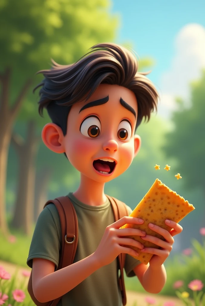 Bunty young man is surprised to see the packet empty.**
- "Bunty, surprised and puzzled, stares at the empty biscuit packet, his face full of disbelief." In the park