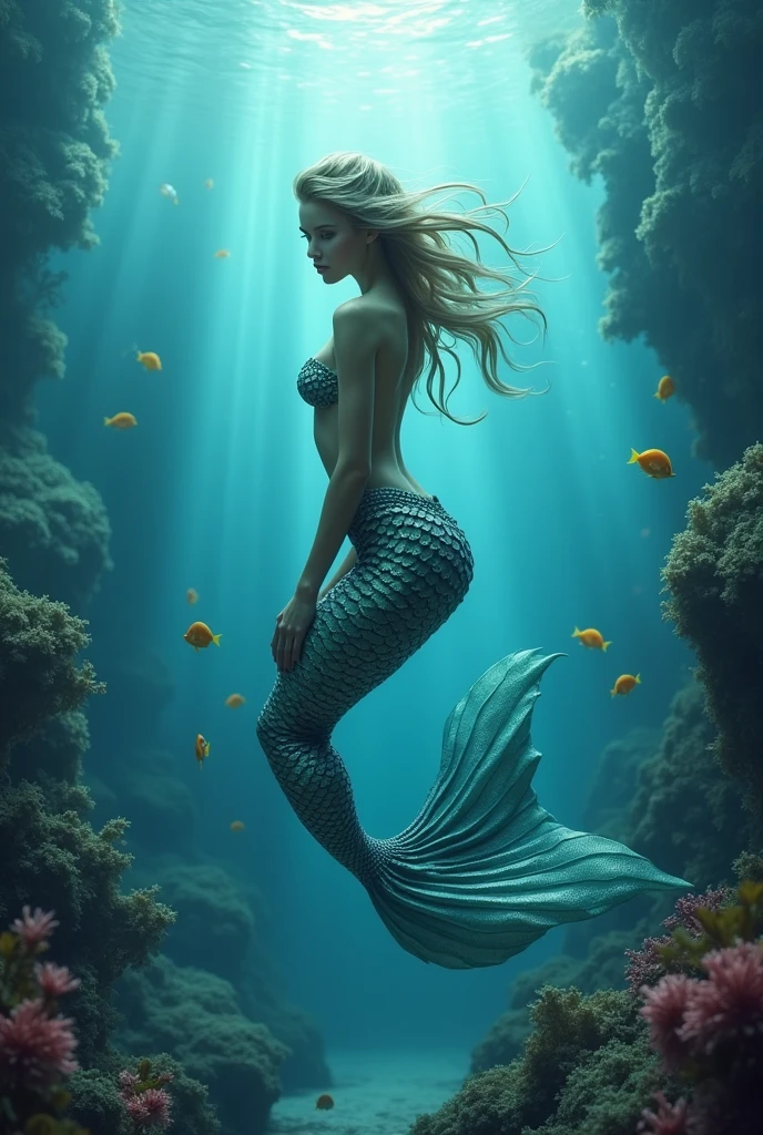 A mermaid in the ocean, with tail and not legs