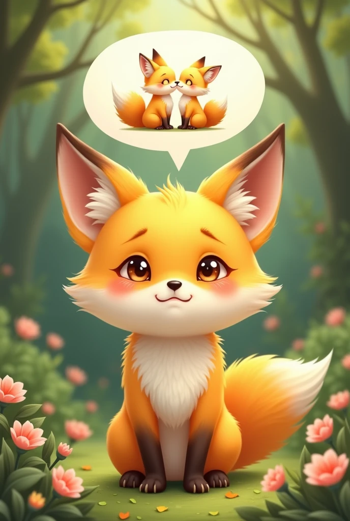 Realistic and cute,A yellow female fox who longs for love,Stand up,Speech bubble above head,A picture of fox love appears in the bubbles,Cute realistic style,Surrounded by love,Background forest garden