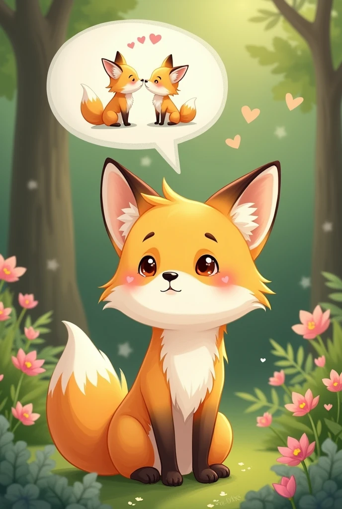 Realistic and cute,A yellow female fox who longs for love,Stand up,Speech bubble above head,A picture of fox love appears in the bubbles,Cute realistic style,Surrounded by love,Background forest garden