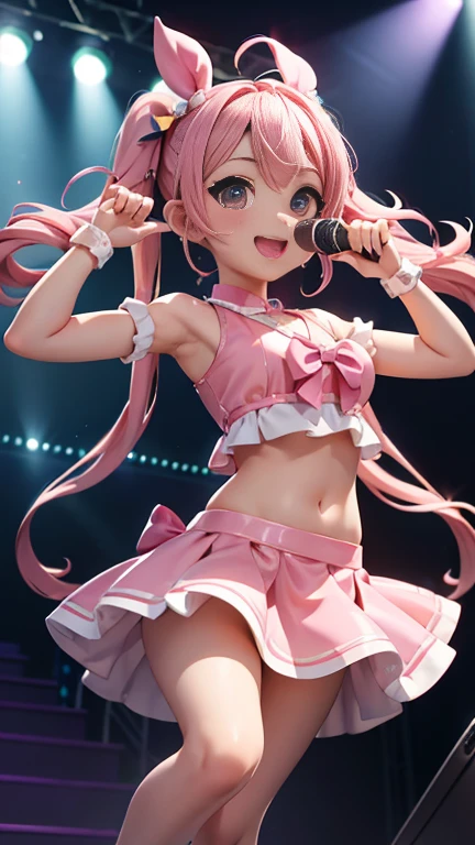 Idol singer、masterpiece、Big Twin Tail、Lightピンクの髪、on stage、Light、It consists of pastel colors、Voluminous skirt、mini skirt、Idol Costumes、ribbon、belly button、Innocence、Dynamic pose、Hurrah!、Wink、Fun Expressions、smile、Eyes sparkling