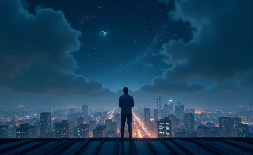 The image shows a night scene of an illuminated city, view from a rooftop. The buildings are covered in warm, glowing lights, while in heaven, full of dark clouds, Bright streaks of light that appear to be meteors or fireworks are seen crossing the sky. Spotlight, a human figure is turned back, looking towards the city and the celestial spectacle, which adds a sense of contemplation and wonder. The predominantly blue color palette creates a serene and somewhat melancholic atmosphere..