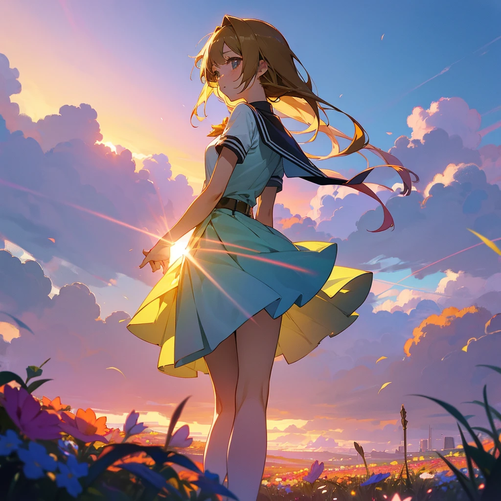 A cute anime girl turning around and enjoying on an area full of beautiful flowers, her skirt flies outwards with her motion, camera angle from top, lush illuminated environment, sun rays, beautiful sky.