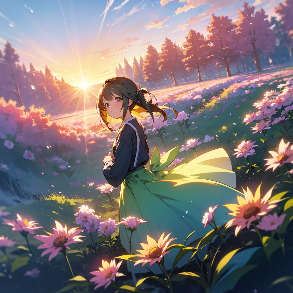 A cute anime girl turning around and enjoying on an area full of beautiful flowers, her skirt flies outwards with her motion, camera angle from top, lush illuminated environment, sun rays, beautiful sky.
