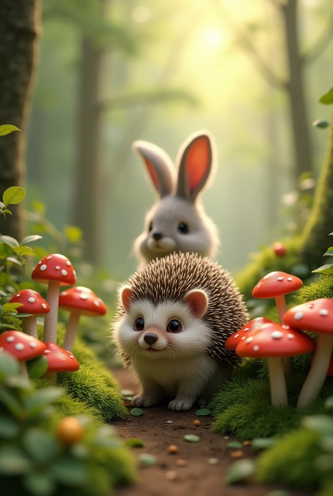 Generate a Full HD hyper-realistic image of A whimsical forest scene features a cute hedgehog in the foreground, with spines and a friendly expression, positioned near bright red mushrooms with white spots. In the background, a fluffy rabbit with large ears is seen from behind, sitting on a mossy path framed by green foliage and soft sunlight filtering through the trees.