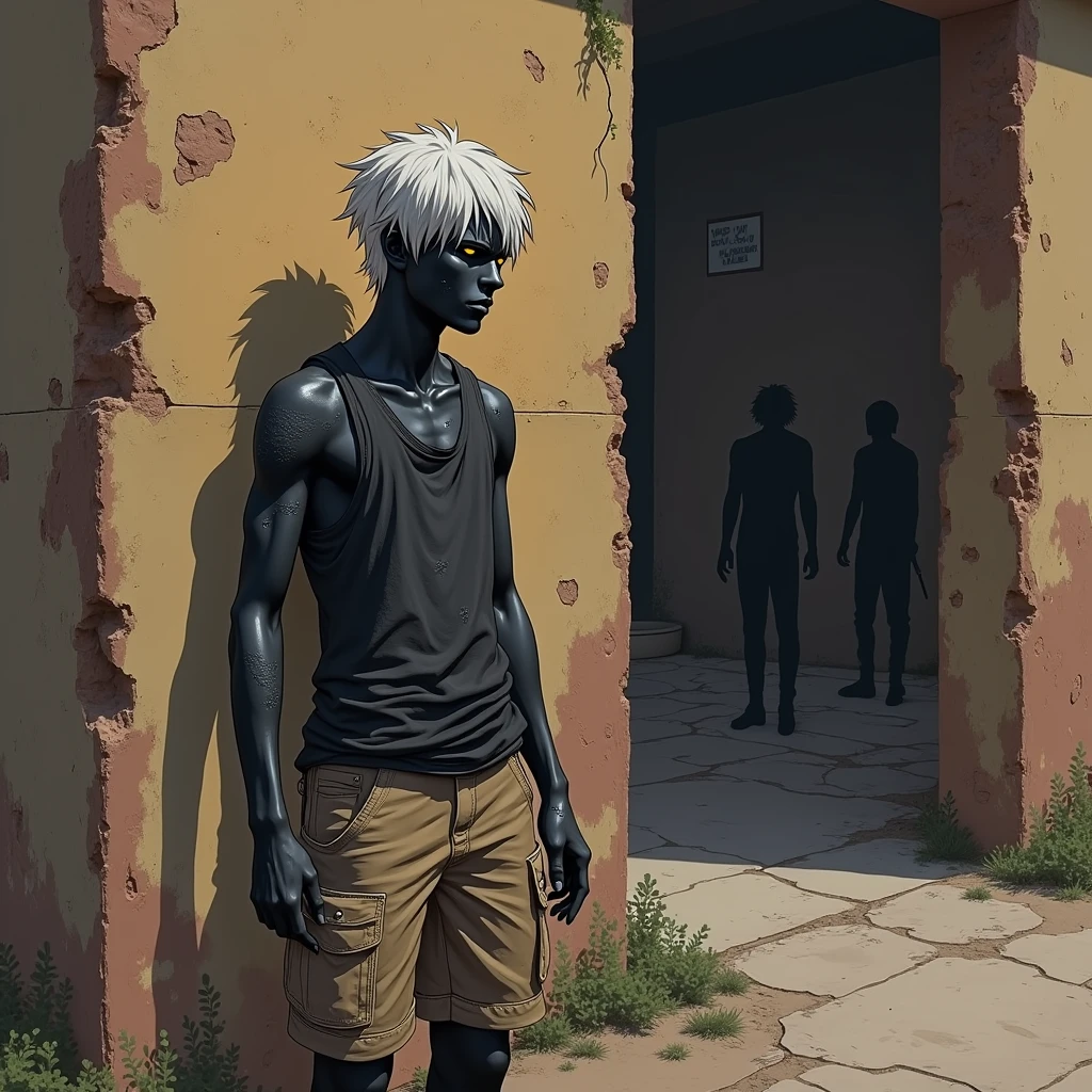 Kenshi art style, the colour scheme is tans browns reds and oranges, post-apocalyptic young adult human with dark pitch-black skin and short length silver hair wearing a dirty loose fitting black tank top and tan torn cargo pants. He is thin but not sickly. He has small grey scars across his arms and one on his face. His eyes are golden and dimly glowing as he stands with his back pressed against a decrepit wall of a house, hiding from two shadowed silhouettes on the other side who are conversing with one another
