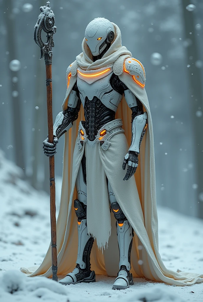 Create a hyper-realistic, ultra-detailed full-body portrait of an advanced humanoid robot standing against a stark, blizzard-stricken landscape at night holding a long wooden ornate shepherd's staff. The robot has a white and grey weathered exterior with scratches, intricate orange accents on joints and panels and a long white linen snow paisley poncho with intricate circuits and LED lights. Its humanoid face is mechanical with deep-set, expressive eyes. Snowflakes cling to its surface, each flake visible on armored plates. The robot's posture is noble, equipped with survival tools and sensory equipment. Around it, a rainbow aura encapsulates the robot, and optical illusion-patterned bubbles float in the icy air. A reflective surface nearby captures the robot's image, blending with the snowy backdrop, creating a mystical, enigmatic aura.