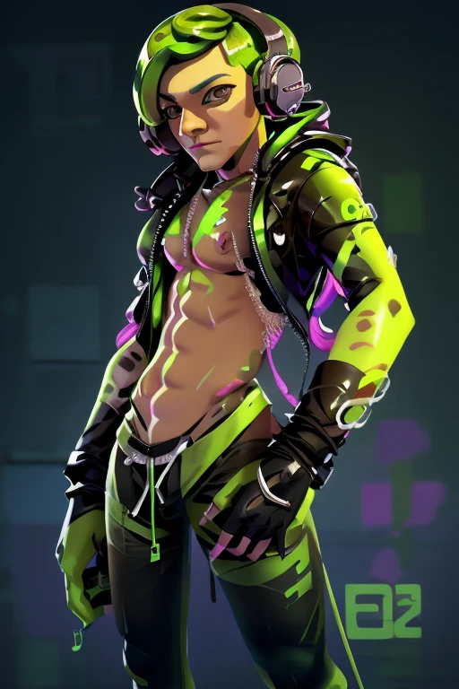 create a splatoon character, NSFW, octarian, octopus, male, green ink, 1 tentacle hairstyle, bulge in pants, and brown eyes, male octarian octopus green with headphones green, big dick