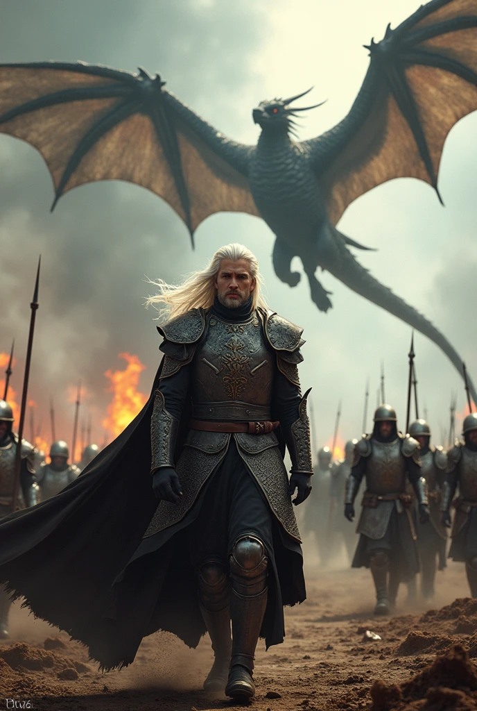Create a detailed image of Aegon Targaryen on the battlefield with his dragon in the sky