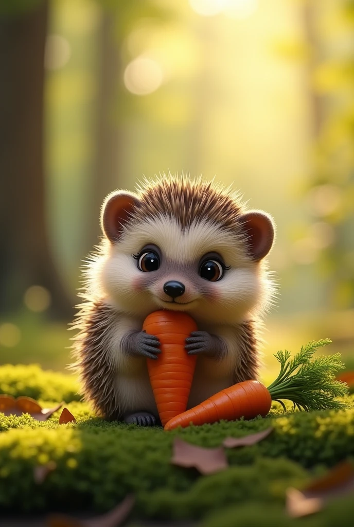 Generate a Full HD hyper-realistic image of A cute hedgehog sits on a mossy forest floor, holding a bright orange carrot in its paws. The hedgehog has soft, fluffy quills and large, expressive eyes. In the background, trees are softly blurred, creating a serene, natural setting with warm sunlight filtering through the foliage. A second, smaller carrot is placed nearby.